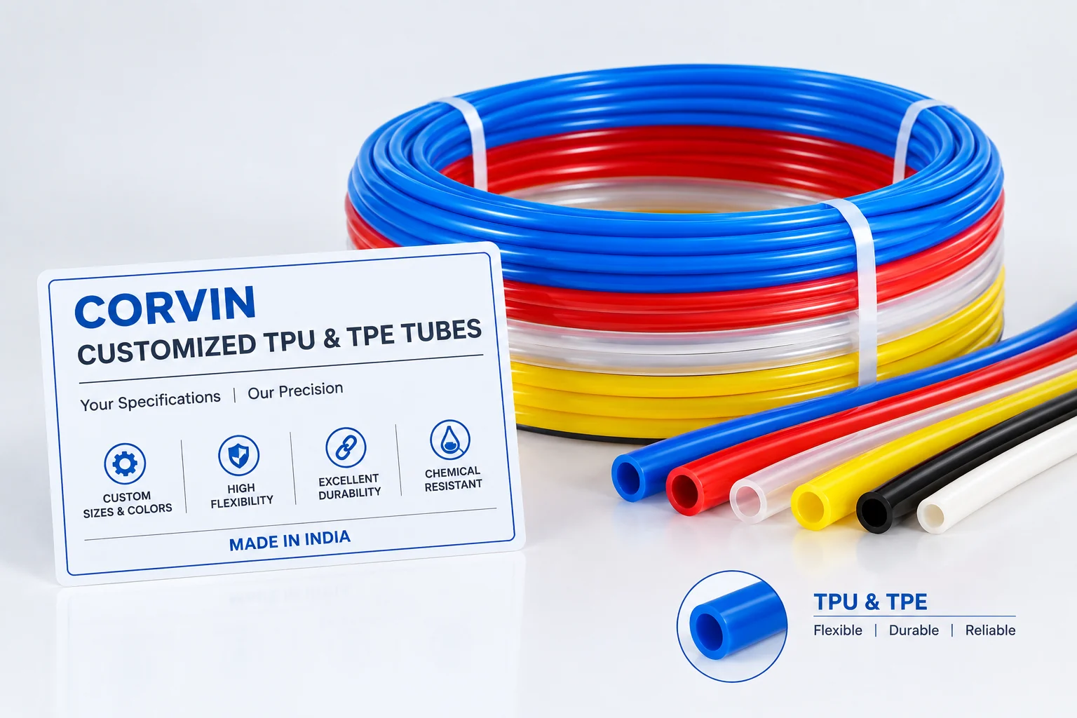 Custom TPU & TPE Tubes manufactured by Corvin Polytech for industrial pneumatic systems